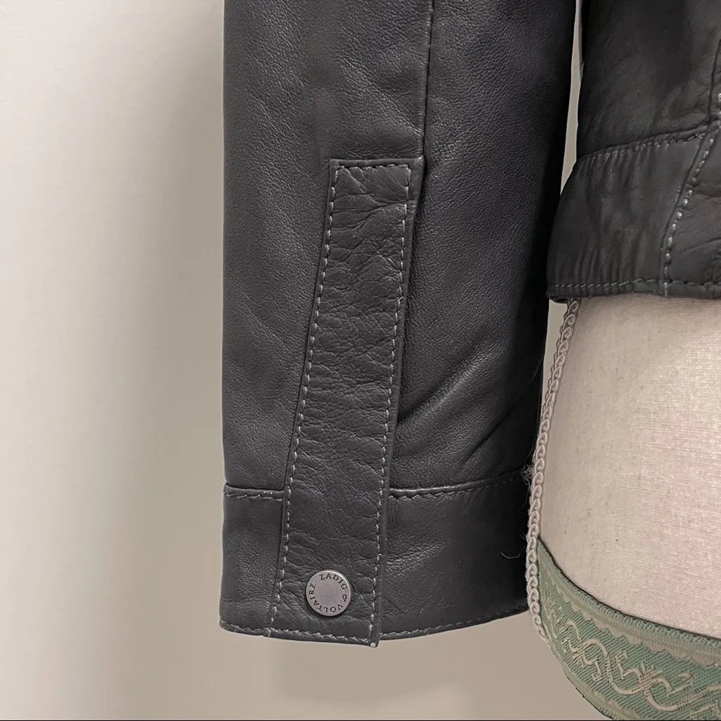 Zadig and Voltaire Gray Leather Leah Moto Jacket Medium Zip Up Lined RUNS SMALL - Image 10