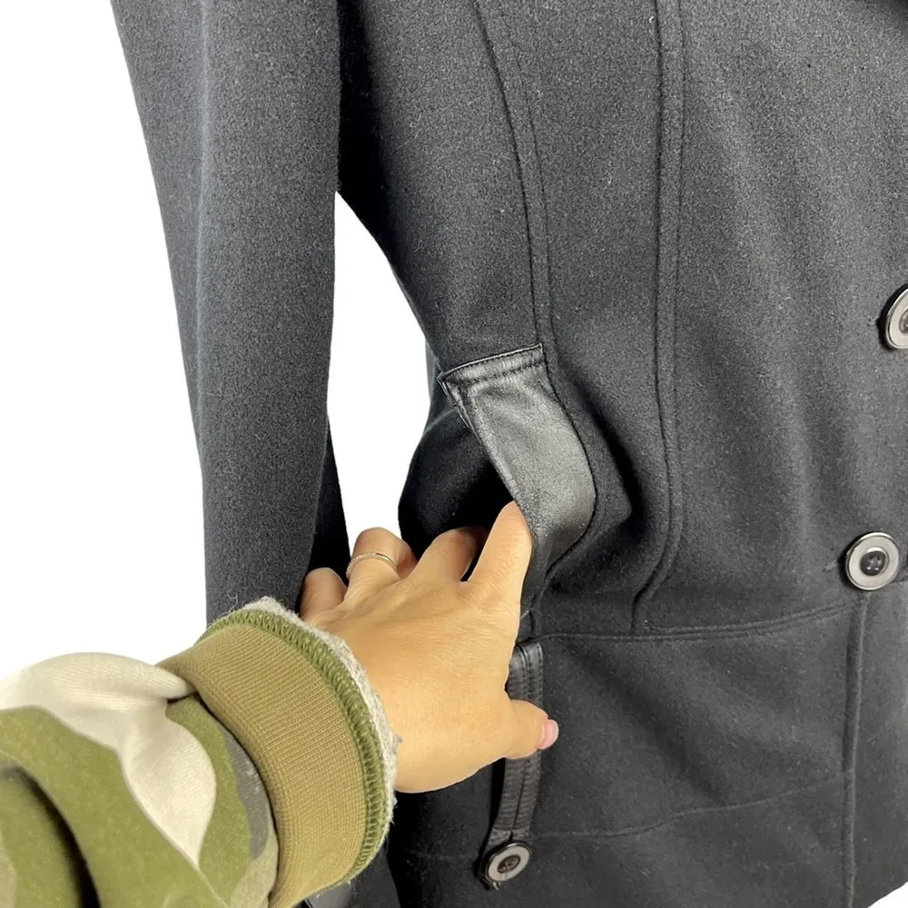 Trilogi Wool Blend Coat Black Faux Leather Trim Single Breasted Jacket Medium - Image 7