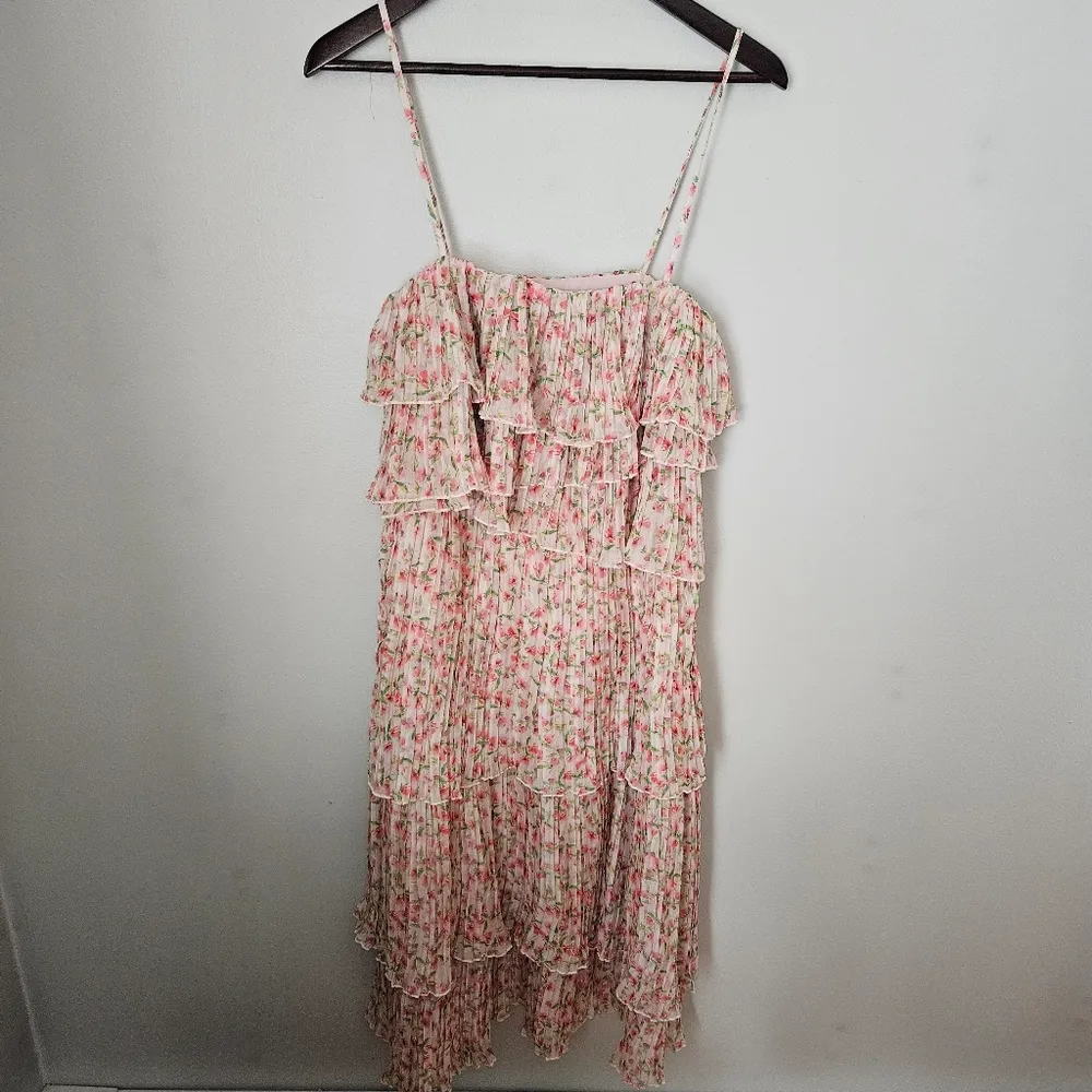 Something Navy Dress Floral Pleated Tiered Cream Multi Maxi Midi Garden Party - Image 14