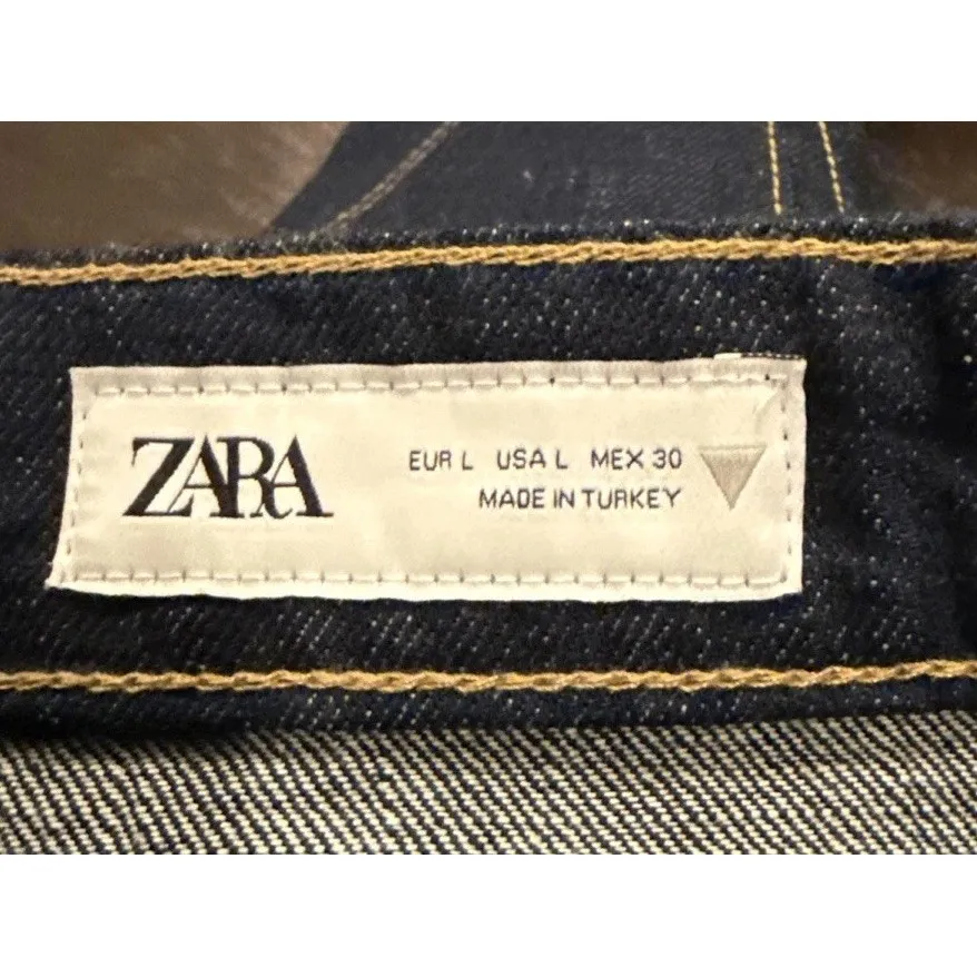 Zara Womens Large Denim Jean Mini Skirt Dark Wash Pockets Button Fly Festival - Image 3