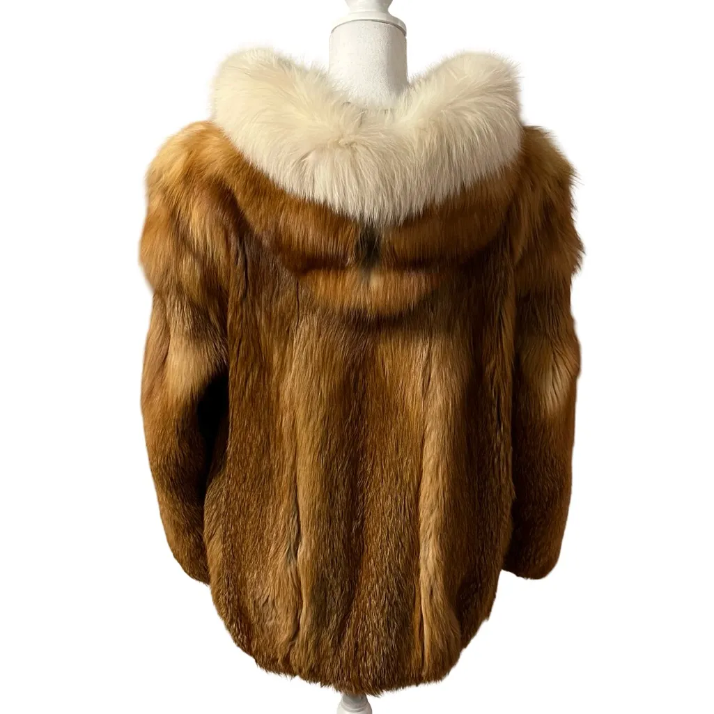 Womens Genuine Red Fox Fur Parka Jacket White Fox Trim Size M Full Zip - Image 5