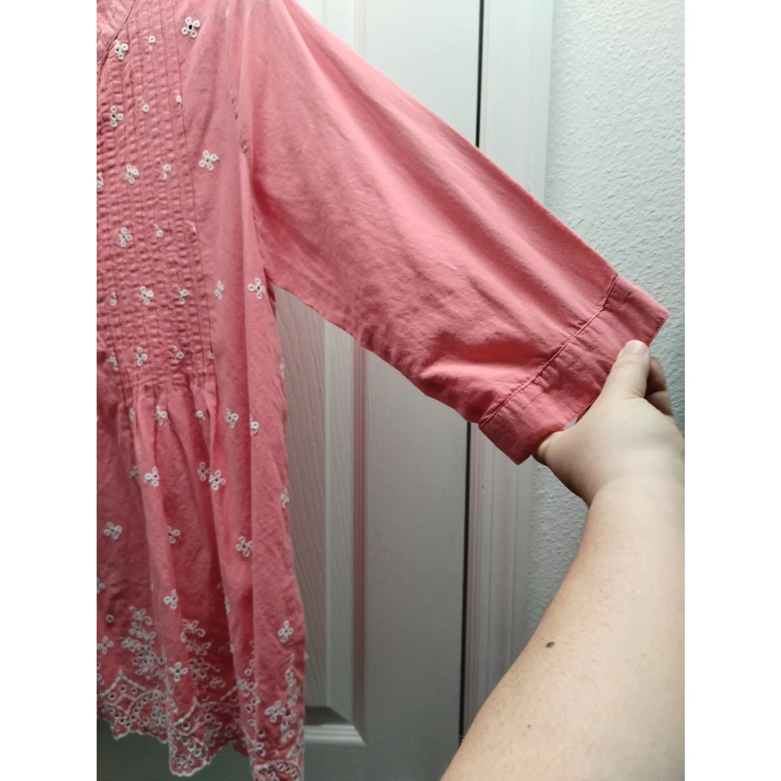 Woman Within Size 14/16 Salmon Pink Embroidered Floral Popover Tunic Top - Image 4