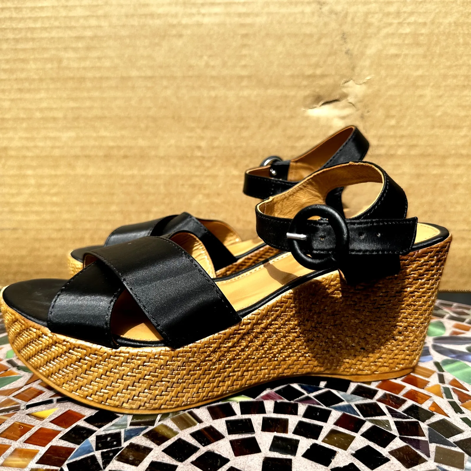 Sundance Wedges Sandals Satin Strappy Ankle Buckle Strap Black 40 9.5 NWOT - Image 3