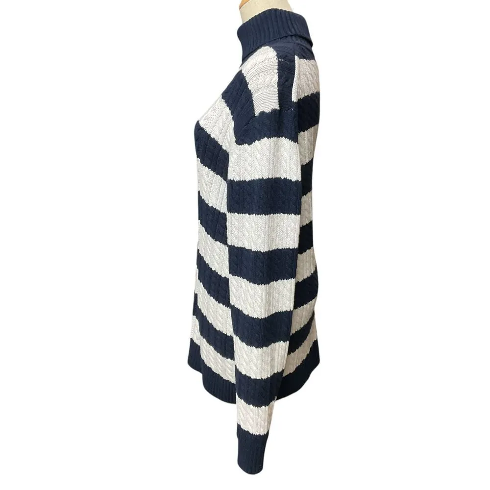Essentials Cable Knit Turtleneck Sweater Navy Blue White Striped‎ Size XL Cozy - Image 4