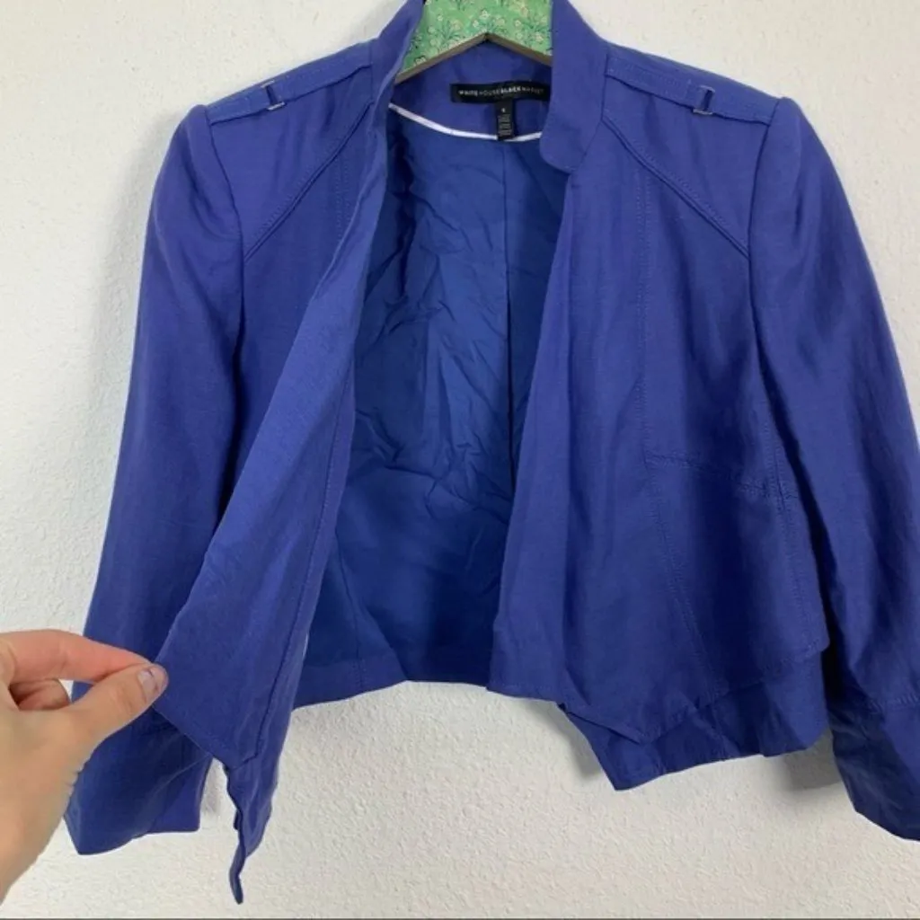 White House Black Market Blue Linen Blend Open‎ Front Blazer Jacket Workwear 4 - Image 2