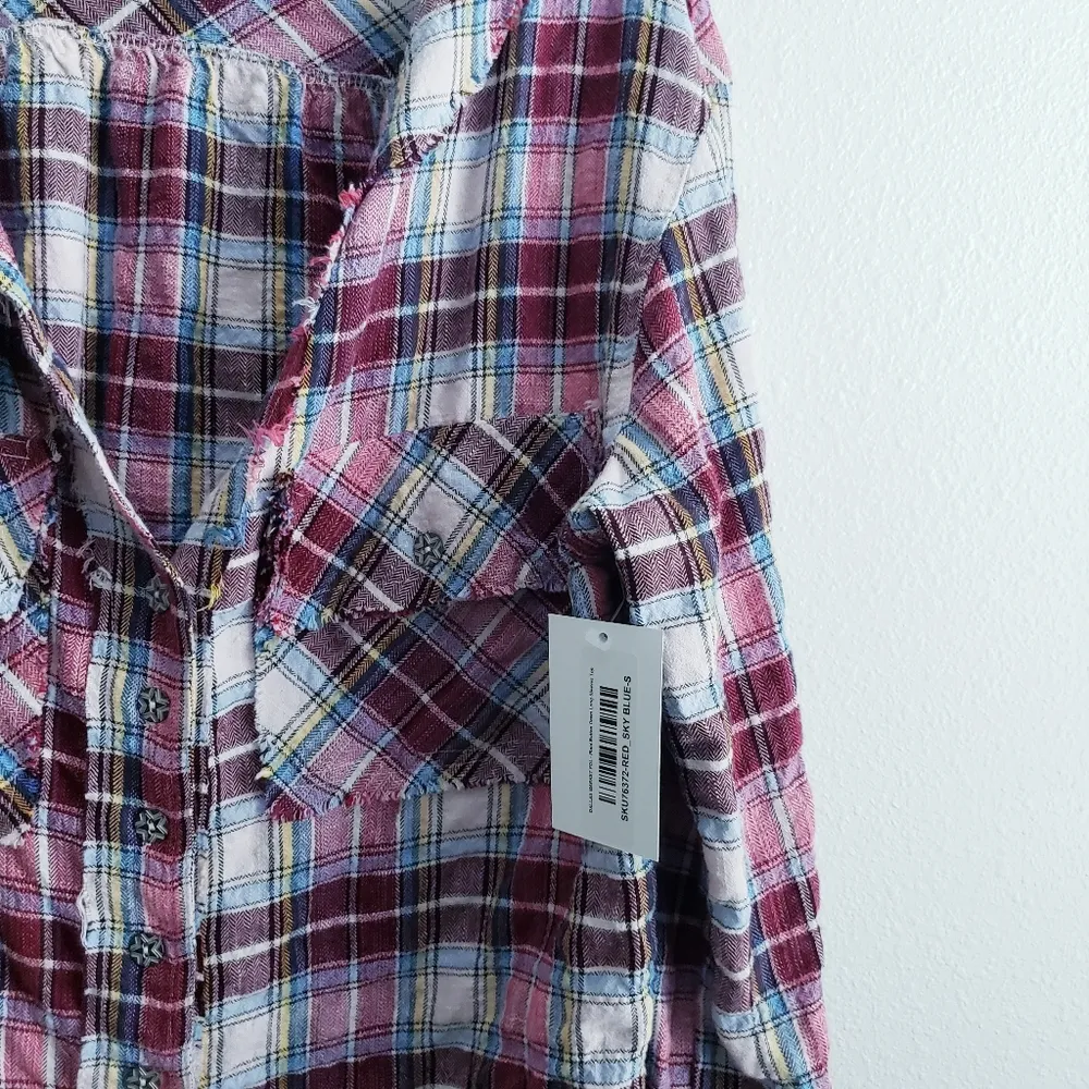 POL Plaid Button Down Embroidered Long Sleeve Top - Image 5