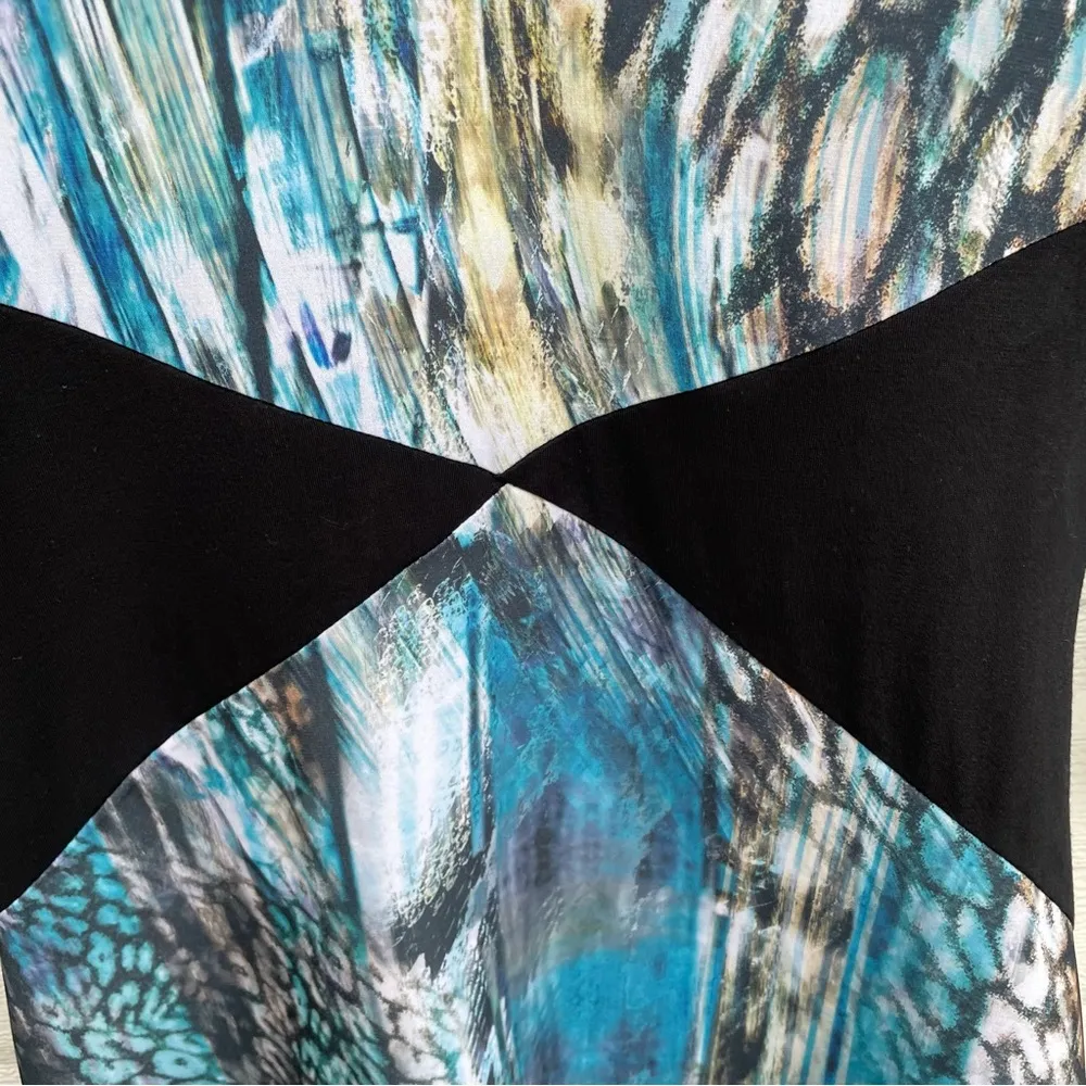 Boho Chic Women’s Shirt Blouse Blue Mixed Print Color Block Stretch Small - Image 8