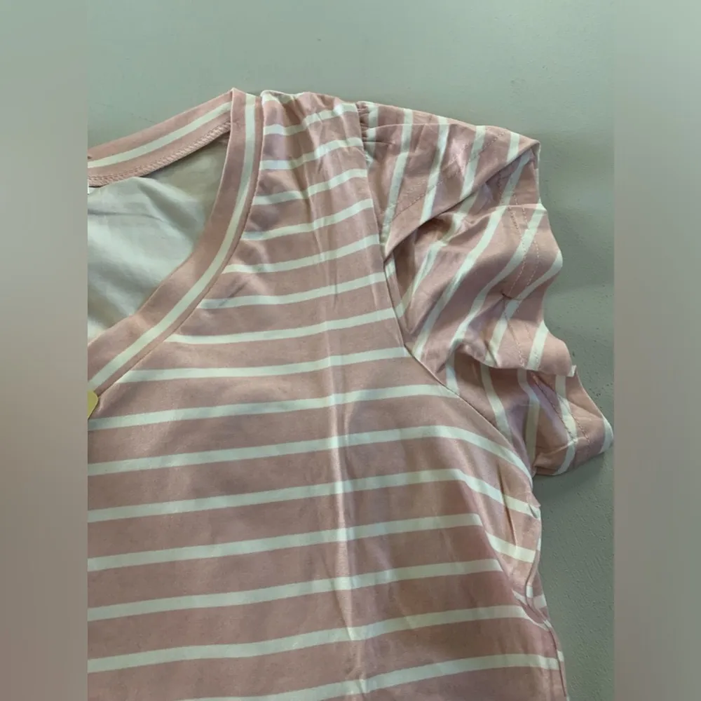 NEW Women’s Size Small Striped Pink Pajamas Set Short Sleeve Top Pants Pockets - Image 2