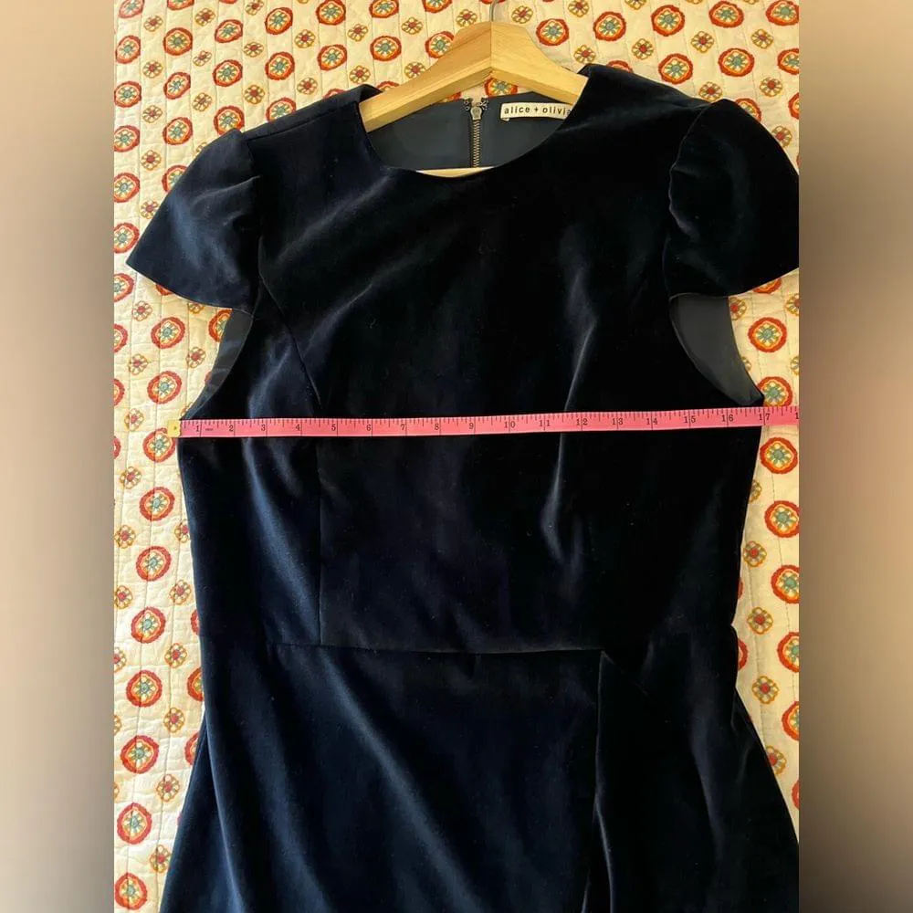 EUC Alice + Olivia Enid Ruffled Velvet Trimmed Dress Hem Navy Blue Size 8 - Image 6