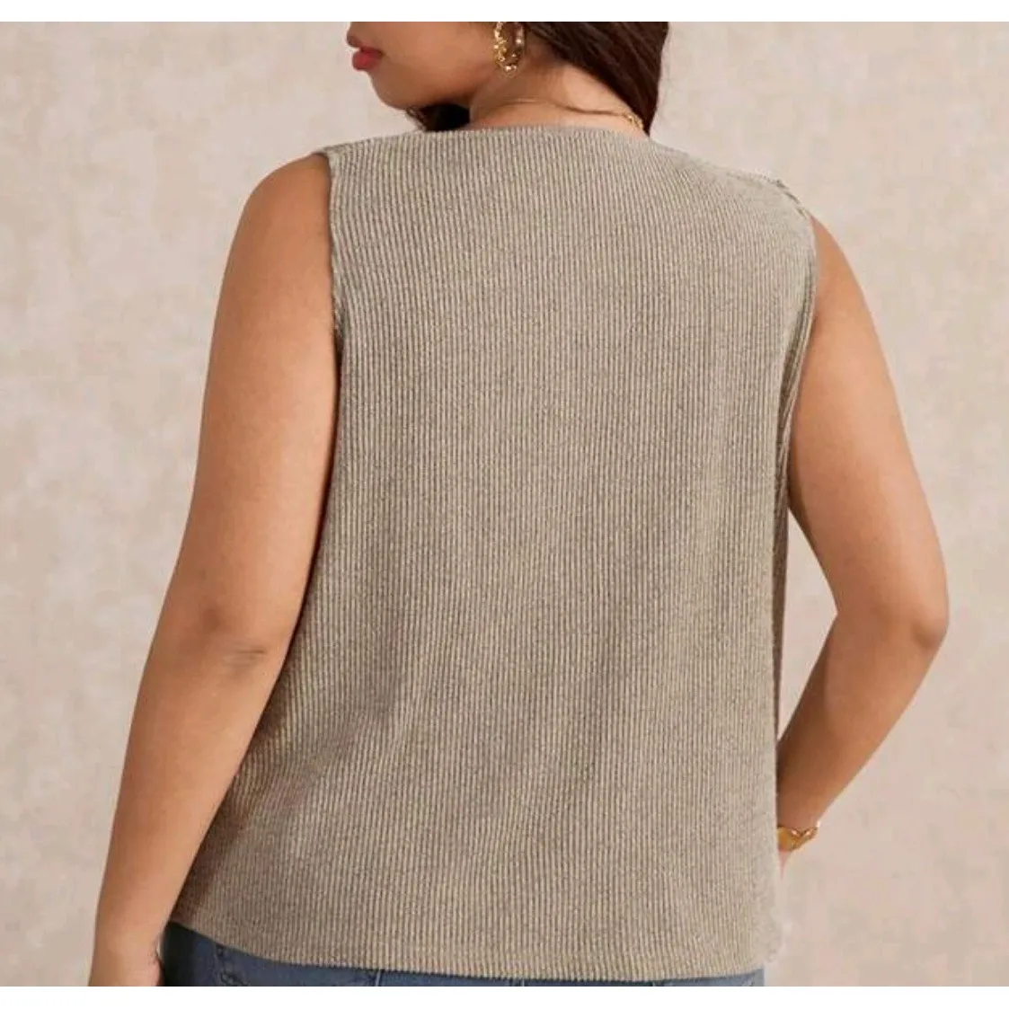 NEW Womens Plus 1X 14 16 Gray Ribbed Button Front Sleeveless Tank Top Shirt Vest - Image 6