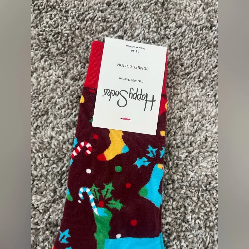 New Happy Socks Christmas Crew Socks Festive Candy Cane Holiday Gift Red - Image 2