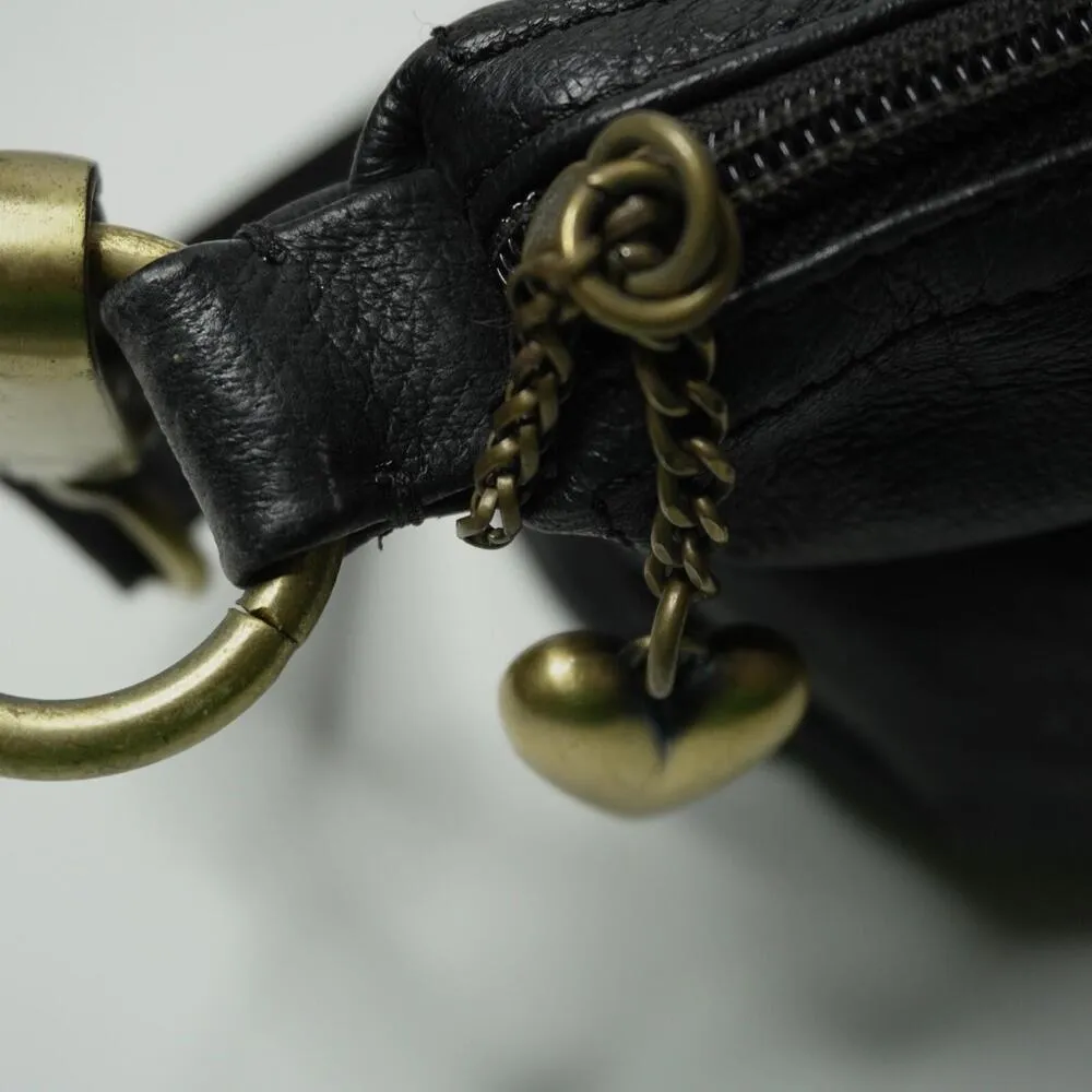 VTG Y2K Genuine Leather Black Shoulder Bag Purse Gold Brass Heart Charm Retro‎ * - Image 5