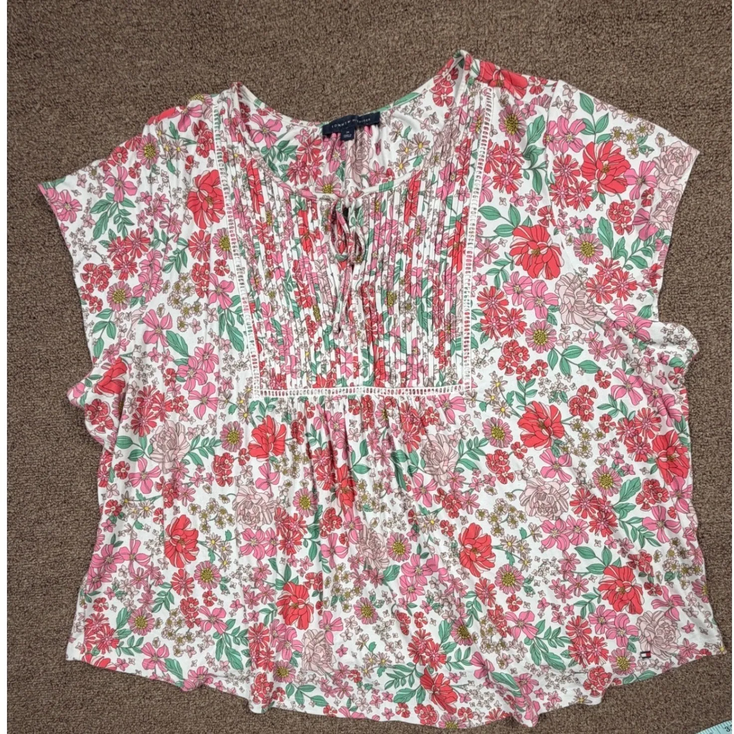 Tommy Hilfiger Women's 3X Floral Print V Neck Tie Short Sleeve Blouse Top - Image 2