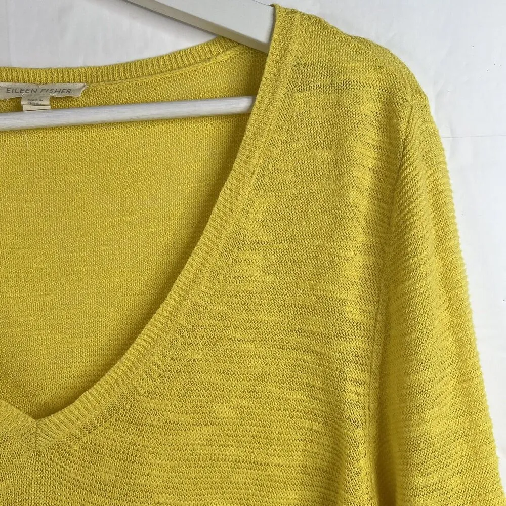 Eileen Fisher Size L Sweater Organic Linen Blend Yellow V-Neck Lightweight Knit - Image 6