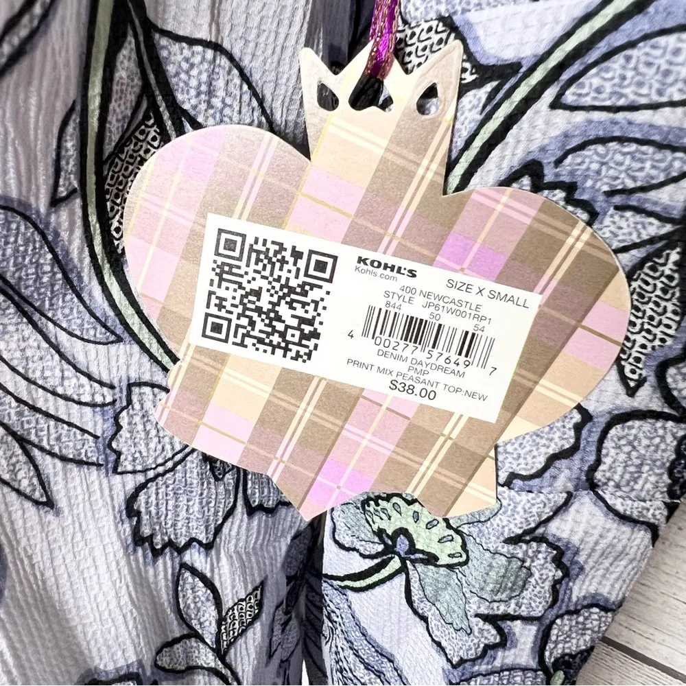 NWT Vera Wang Blue Long Sleeve Floral Keyhole Peasant Blouse Top Size XS - Image 8