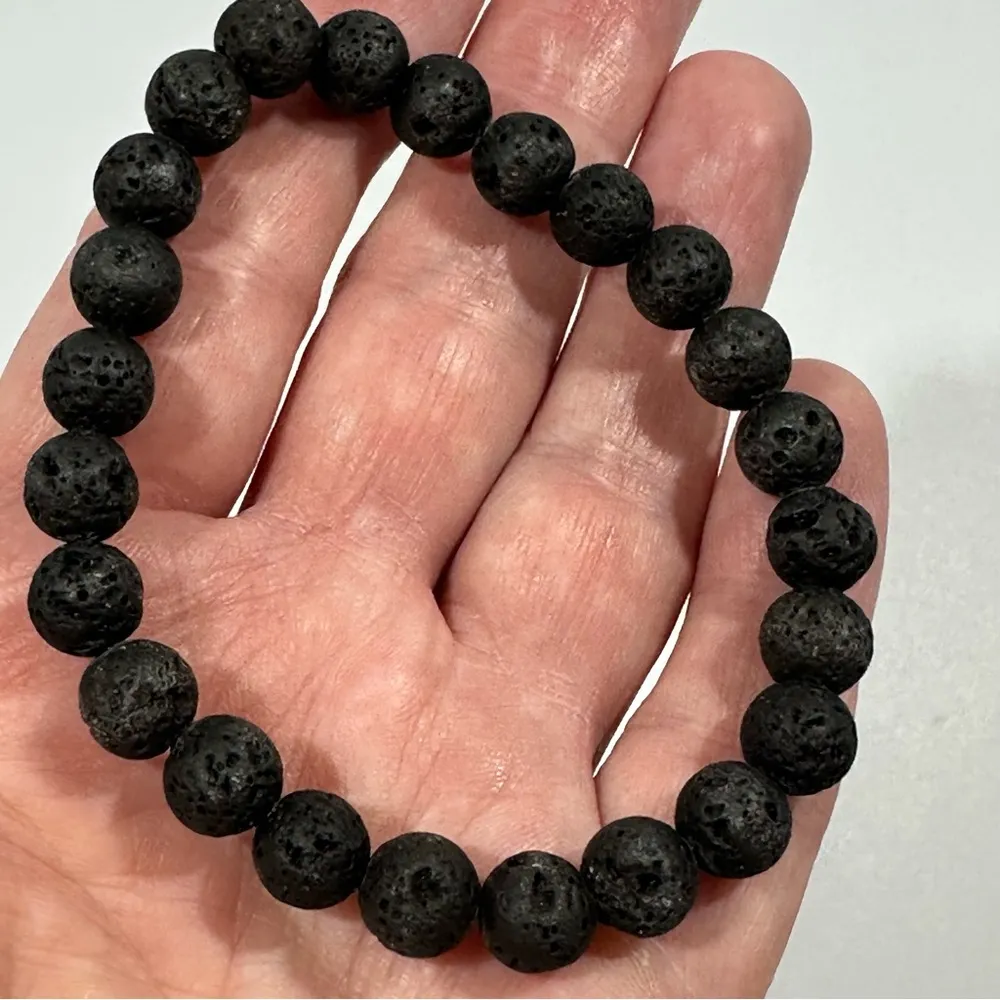 Black Lava Rock Round Beaded Stretch Bracelet - Image 4