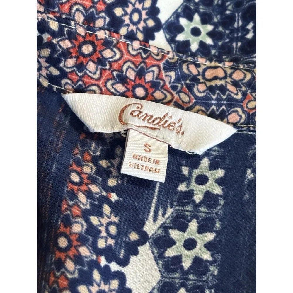 Candies Blue/Pink Floral Long Tab Sleeve Button Up Blouse Size S Open Shoulder‎ - Image 5