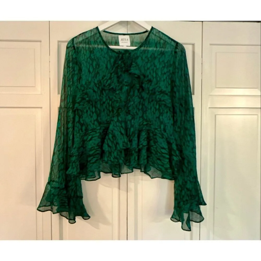 Misa Los Angeles Demaris green ruffled tie neck blouse M - Image 3
