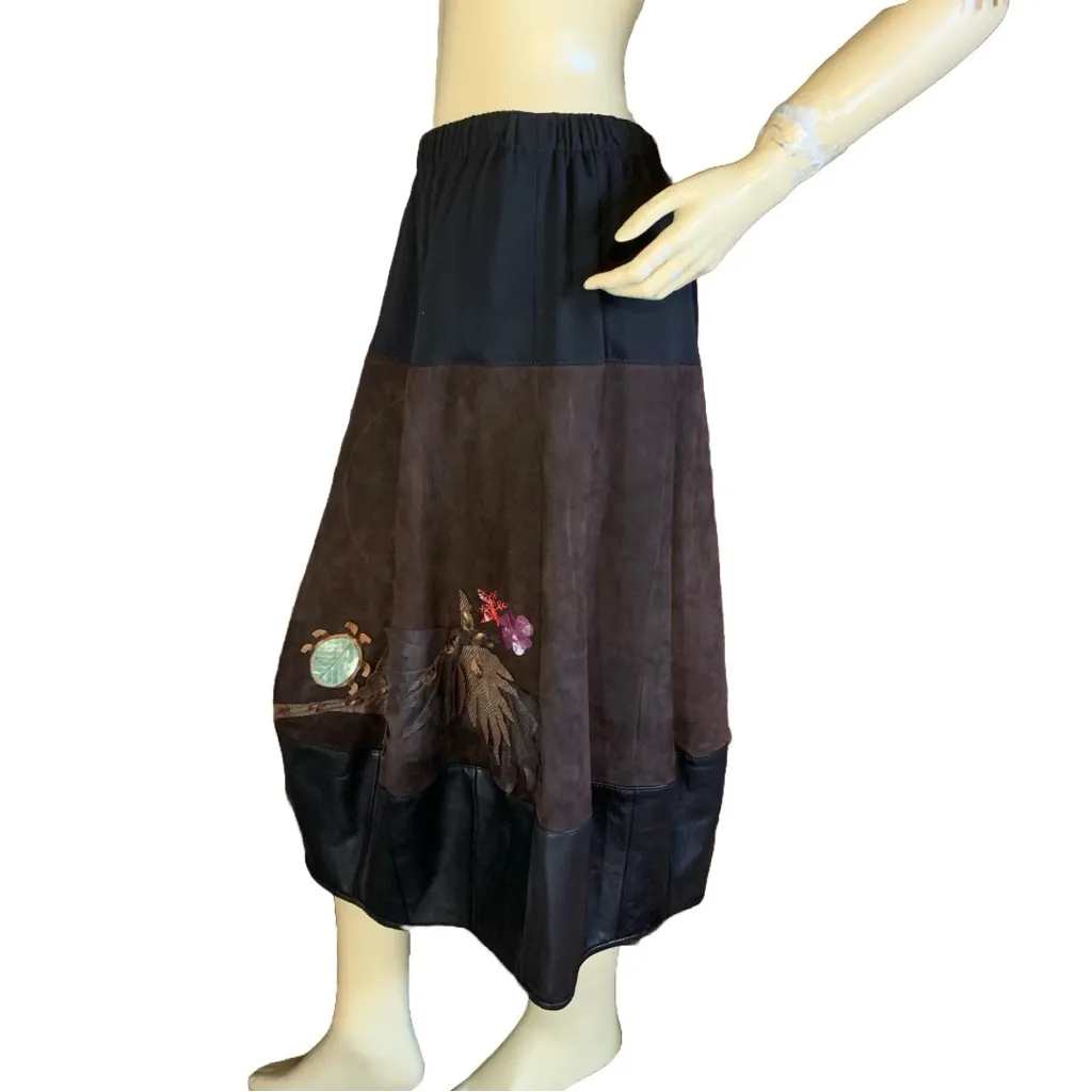 VINTAGE GROWNBEANS KAREN GRONER HAND CRAFTED BLACK & BROWN LEATHER SKIRT (L) Size L - Image 5