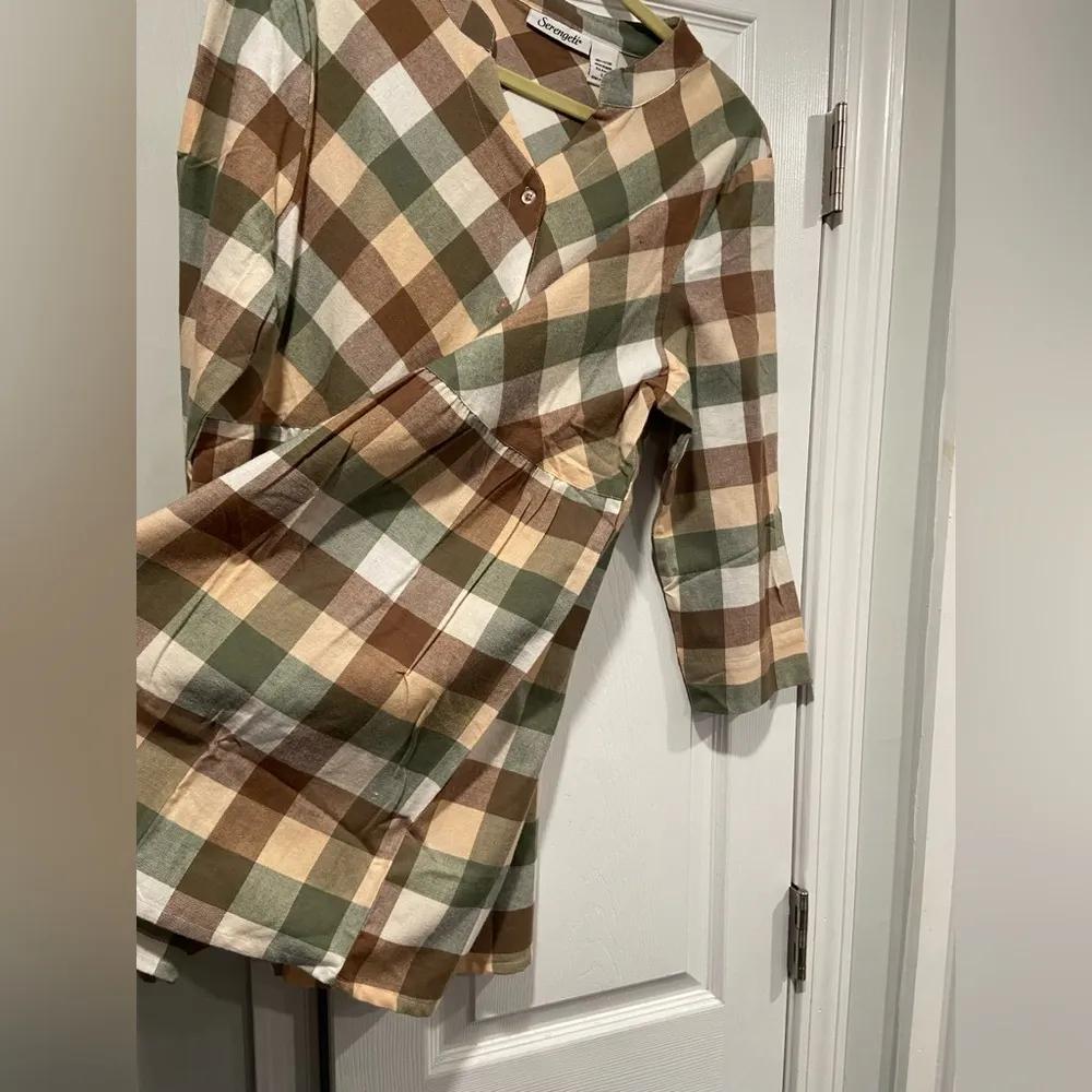 NWOT Serengeti Size L Long Sleeve Sage Pink Check Flannel Button Up Mini Dress Green Size L - Image 9