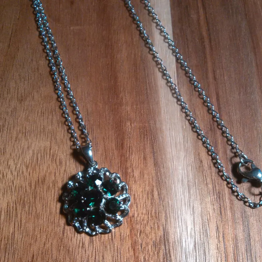 Green Crystal Floral Platinum over Brass Pendant Stainless Steel Necklace - Image 3