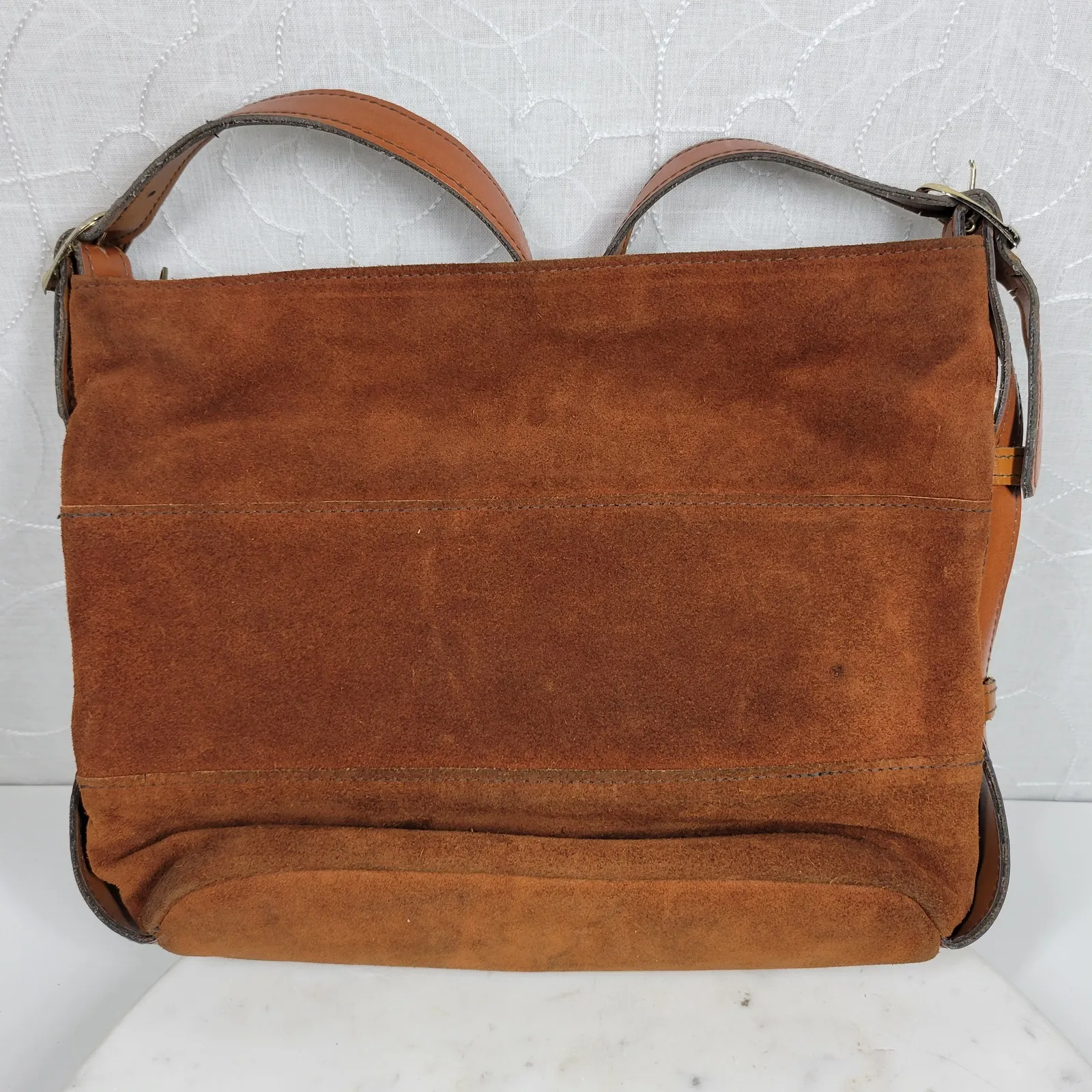 Vintage Suede Crossbody Bag Womens 11.5 x 9" Brown Leather Purse Adj‎ Strap Boho - Image 5