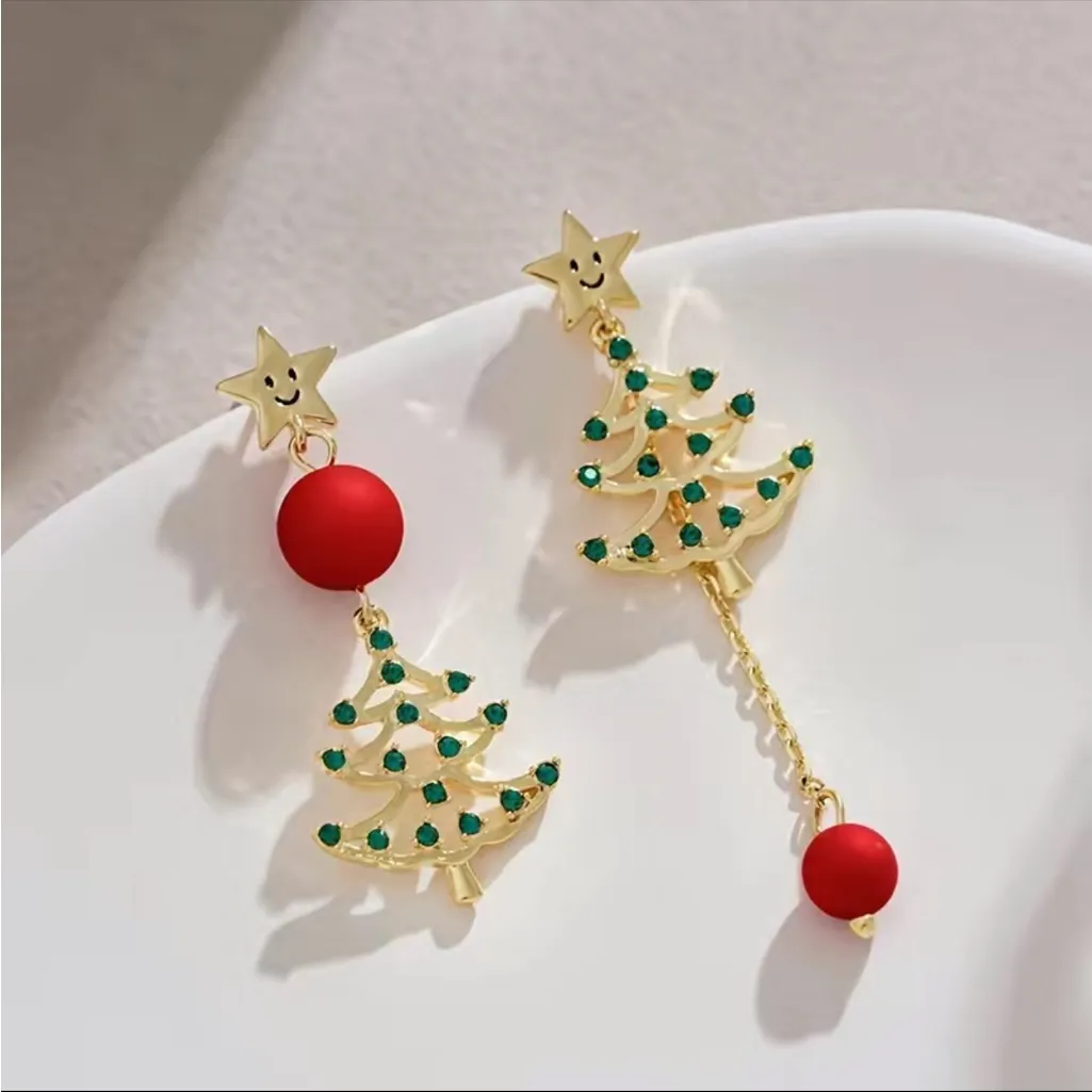 Golden Christmas Tree Pentagram‎ Design Green Shiny Rhinestone Inlaid Earrings Gold - Image 7