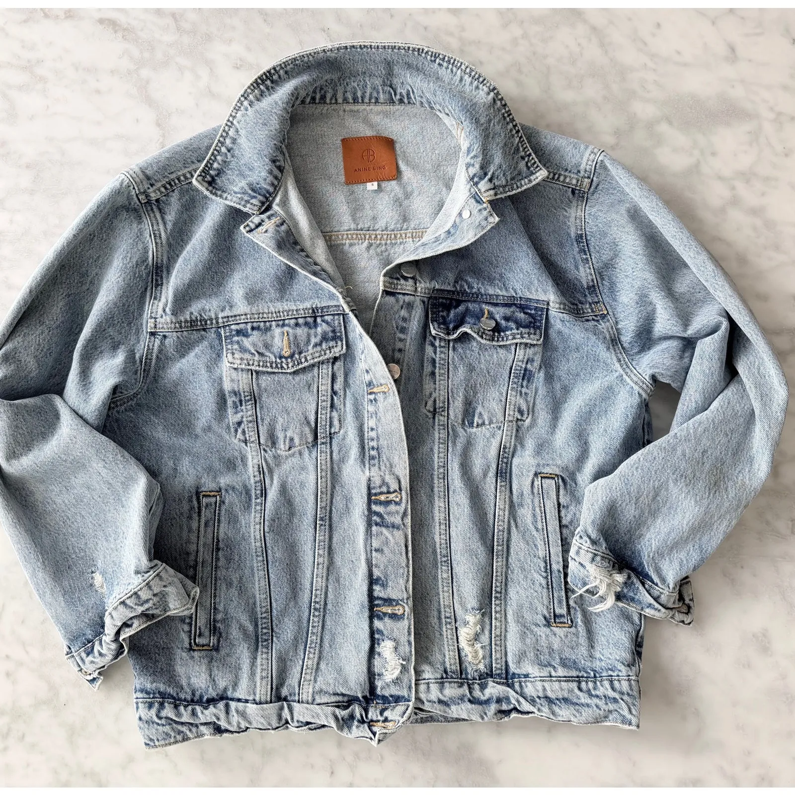 Anine Bing Rory Denim Jean Jacket Size Small Revolve Light Blue Distressed USA - Image 2