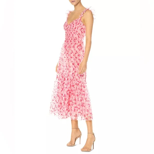 ML Monique Lhuillier Floral Embroidered Mesh Pink & White Midi Dress | Size 10 - Image 4