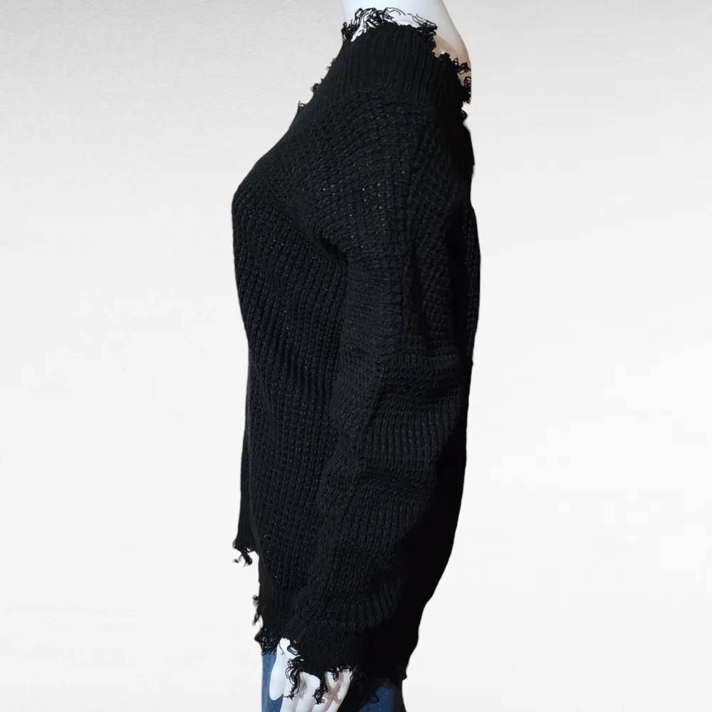 Zenana Black Double Vneck Distressed Waffle Knit Size XS - Image 3