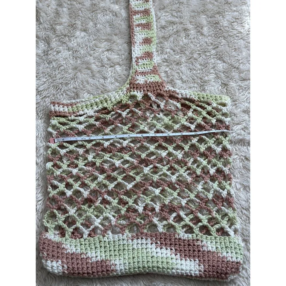 Handmade Knit Crochet Green Brown White Crossbody Bag Purse Tote - Image 3