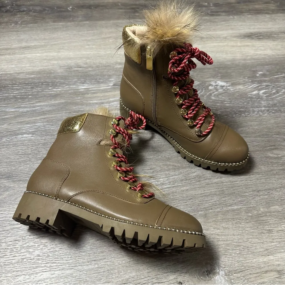 Cecelia New York Trekker Brown Tan Gold Fur Lace Up Hiker Combat Boots Size 7 - Image 3