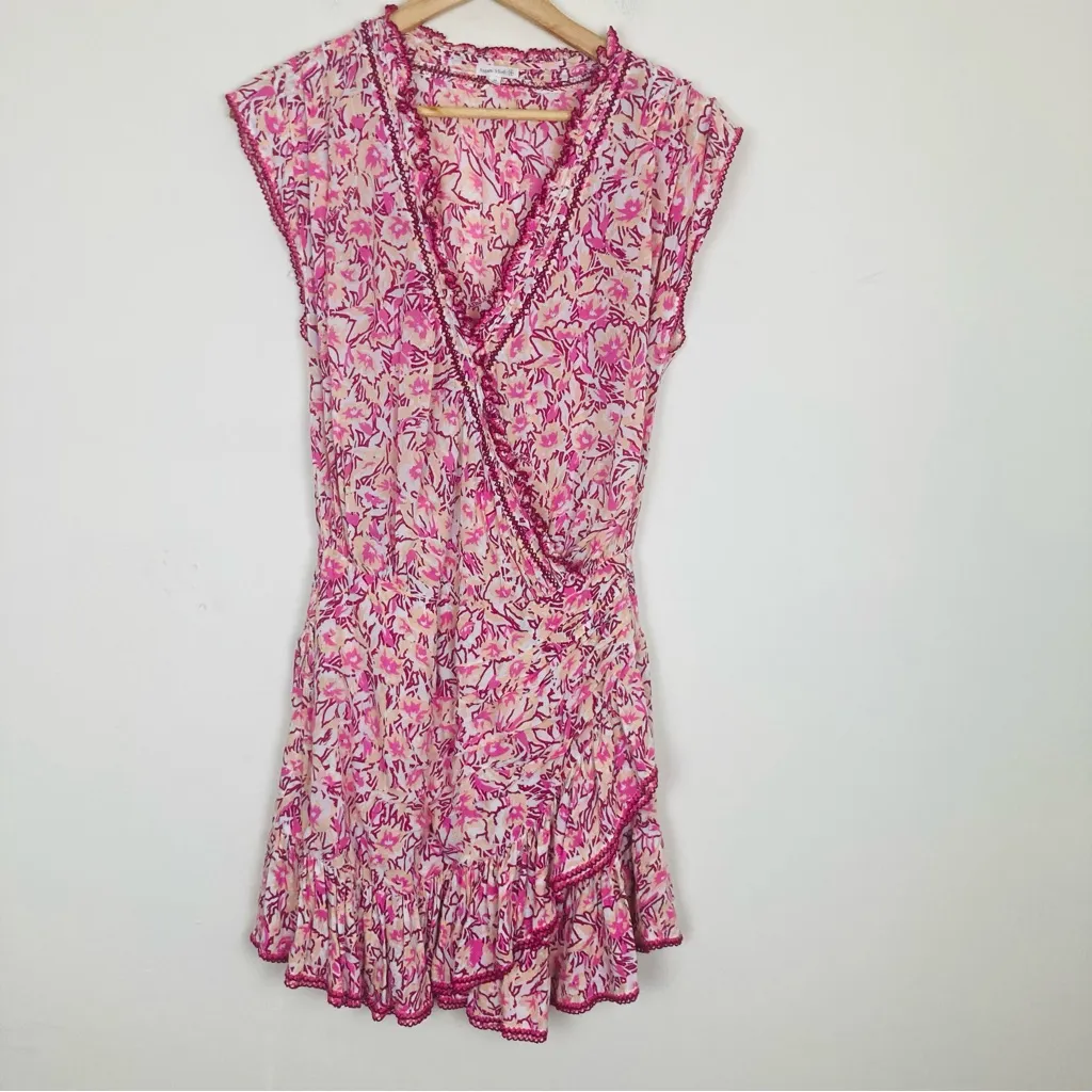 Poupette St Barth “Estelle” pink & white floral minidress crochet trim M - Image 2
