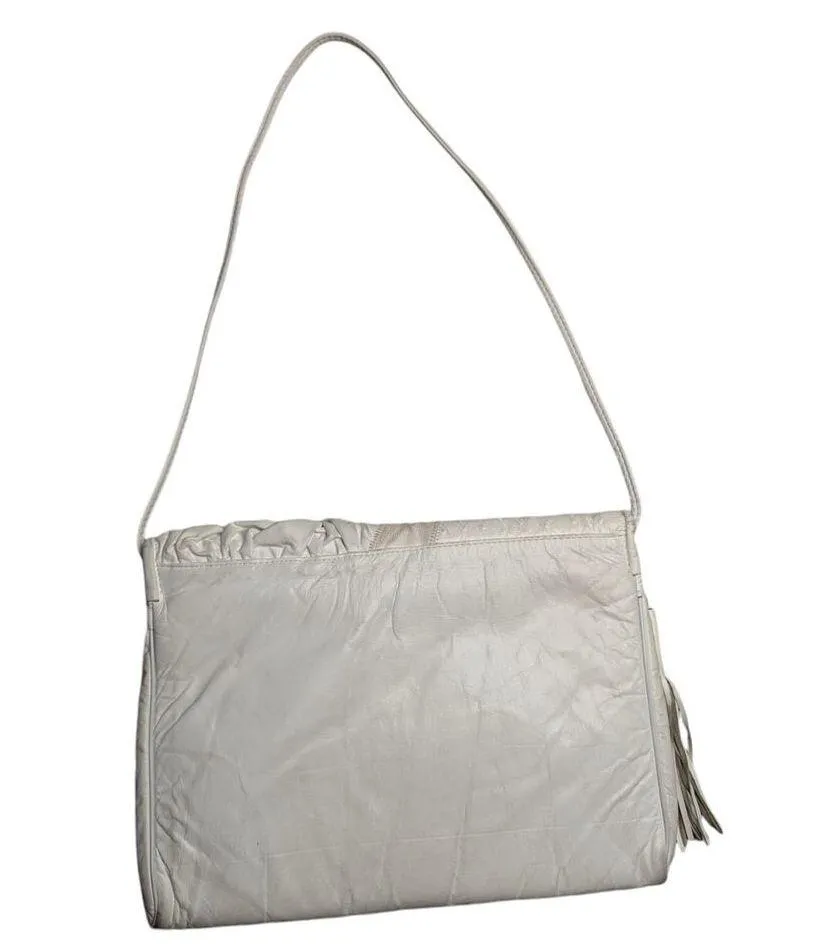 Vtg 1980s White Patchwork Leather Top Flap Tassel Trim Envelope Shoulder Bag - Image 2