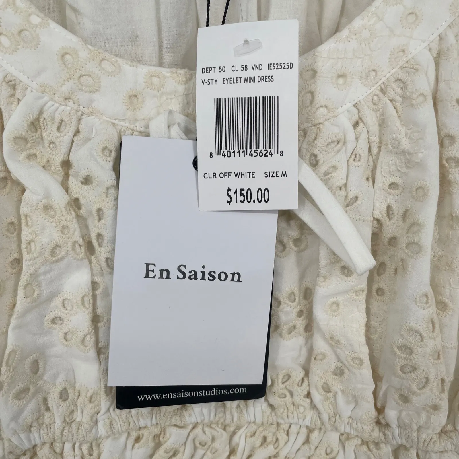 En Saison Eyelet Mini Dress Off White Puff Sleeve Square Neck Tiered Cotton M Size M - Image 4