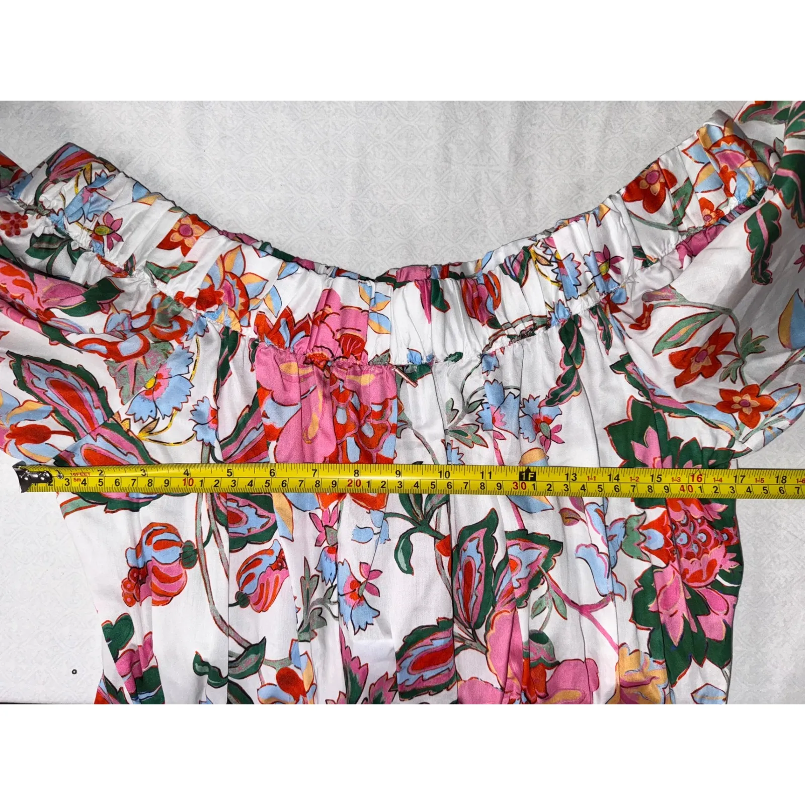 MISA Los Angeles Off The Shoulder Floral Smocked Waist Puff Sleeve Mini Dress L - Image 7