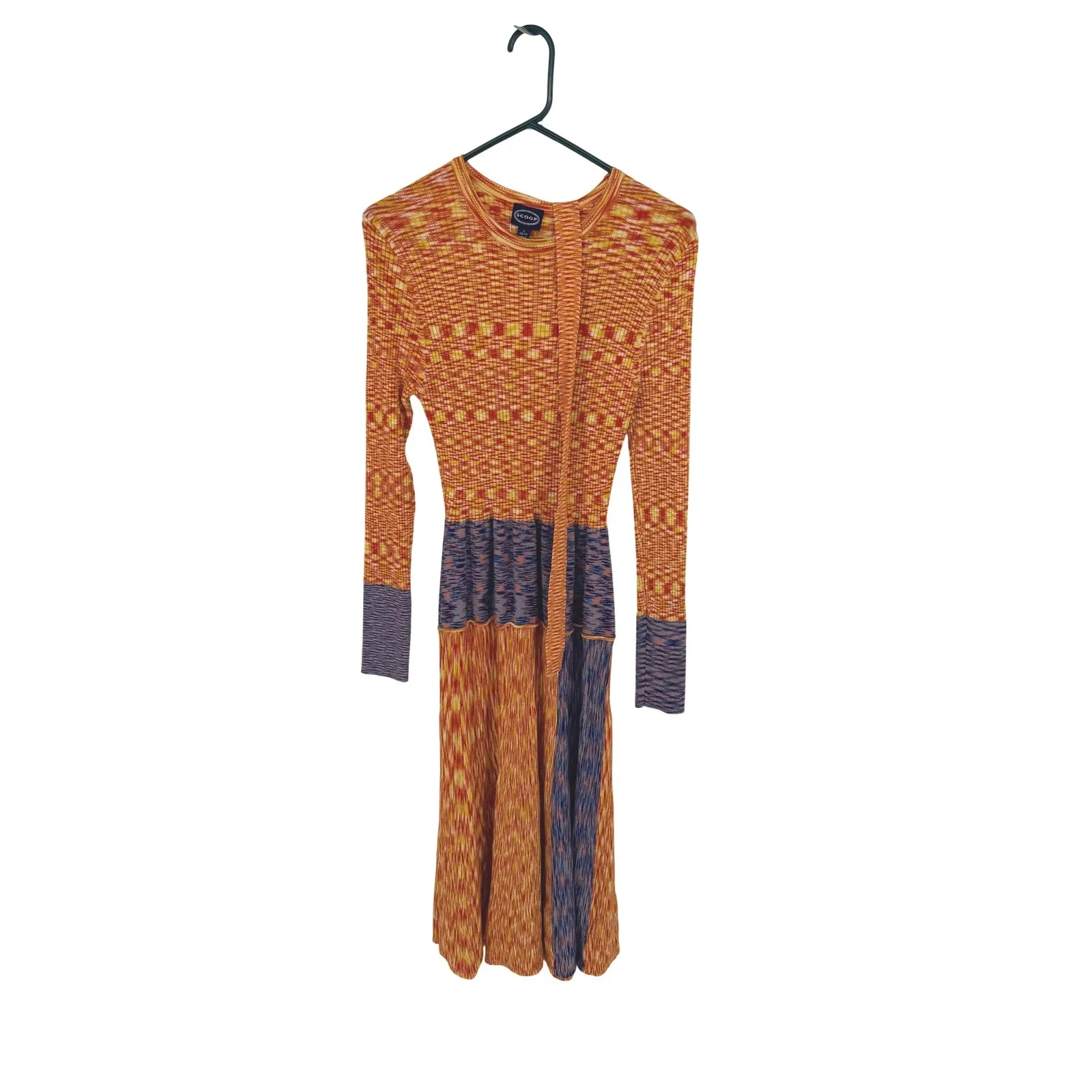 Scoop Sweater Dress Lg Space Dye Midi Orange Blue Ribbed Belted 70s Retro - Image 3