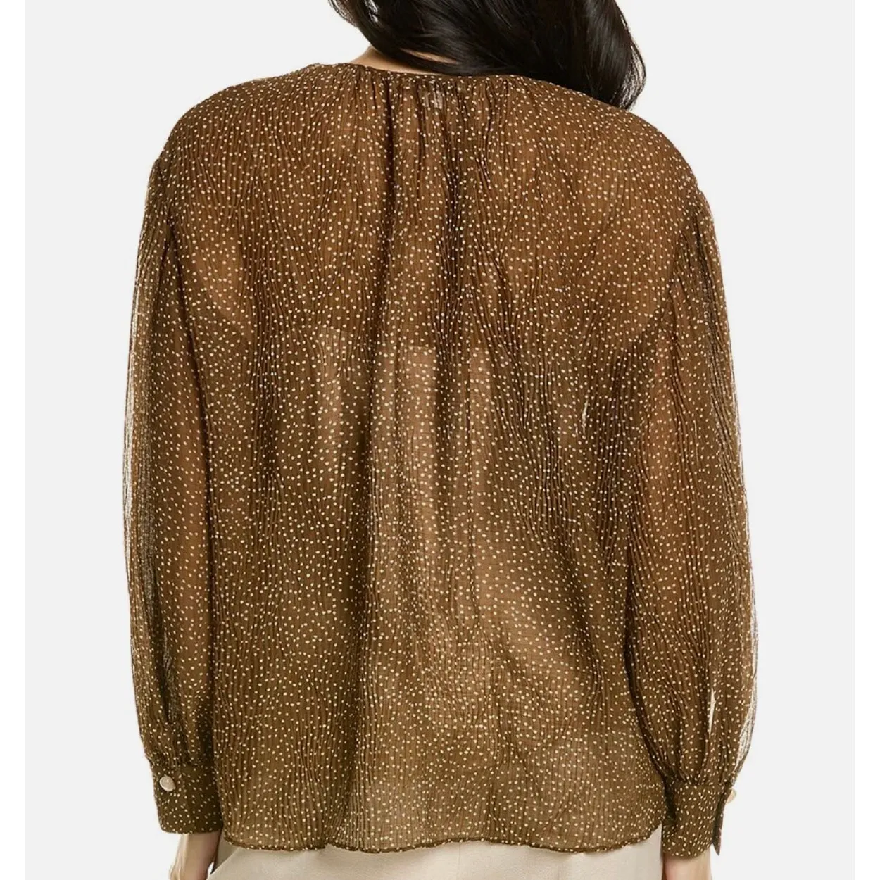 Vince Starry Dot Blouse Women's Large Brown Blouson Long Sleeves Crinkle Pleats - Image 2