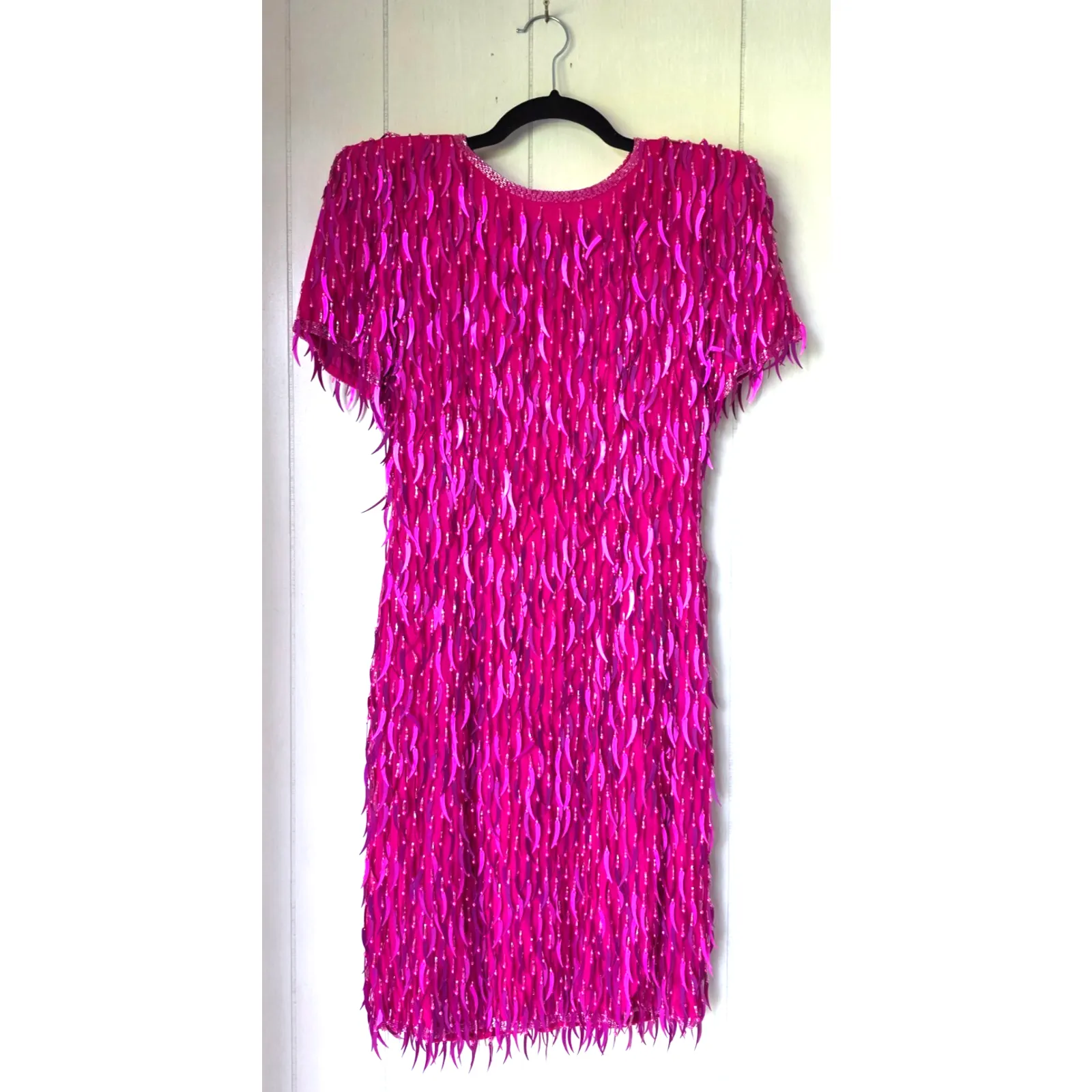 AJ Bari Silk Hot Pink Cattail Sequin Beaded Fringe Vintage Trophy Sheath Dress 6 - Image 14
