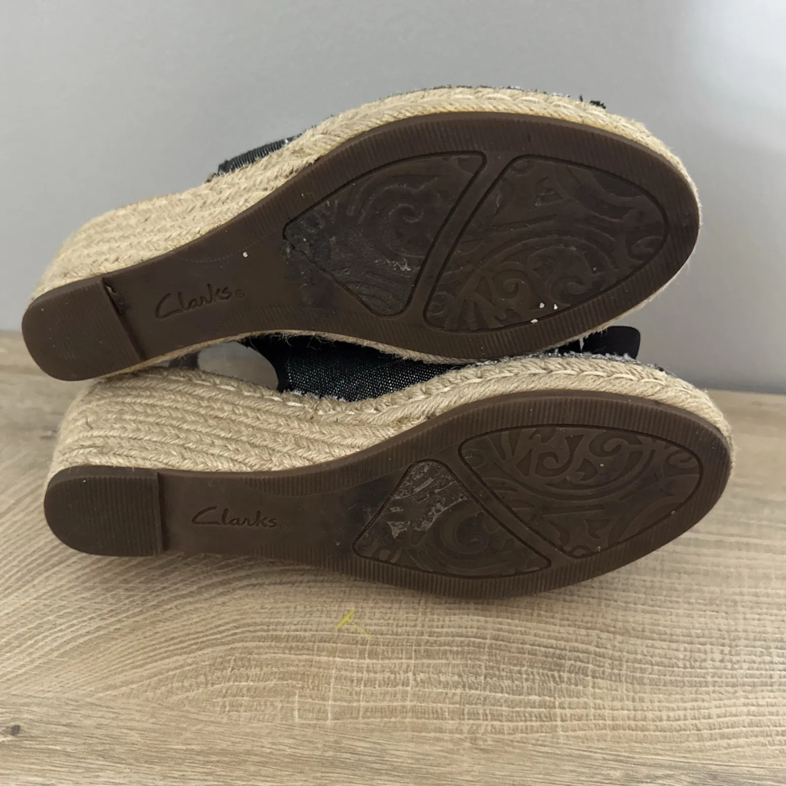 Clarks Artisan Shoes Women 7 1/2 M Blue Hessian Wedge Sandals Flower Boho Preppy - Image 8