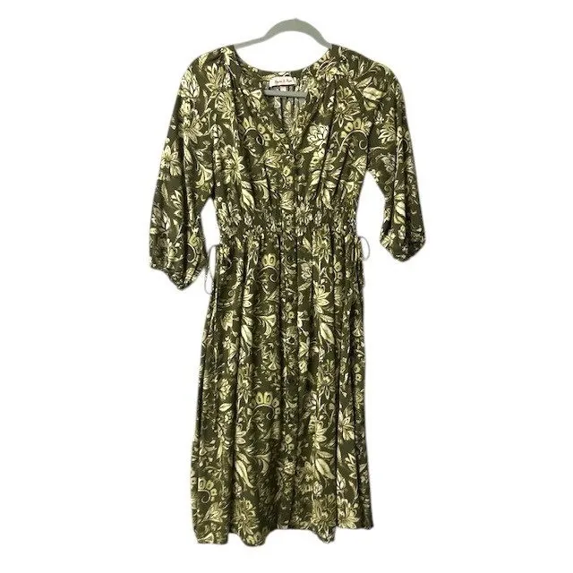 Harlow & Rose Women's Floral Print Midi Dress Green Beige Small‎ - Image 2