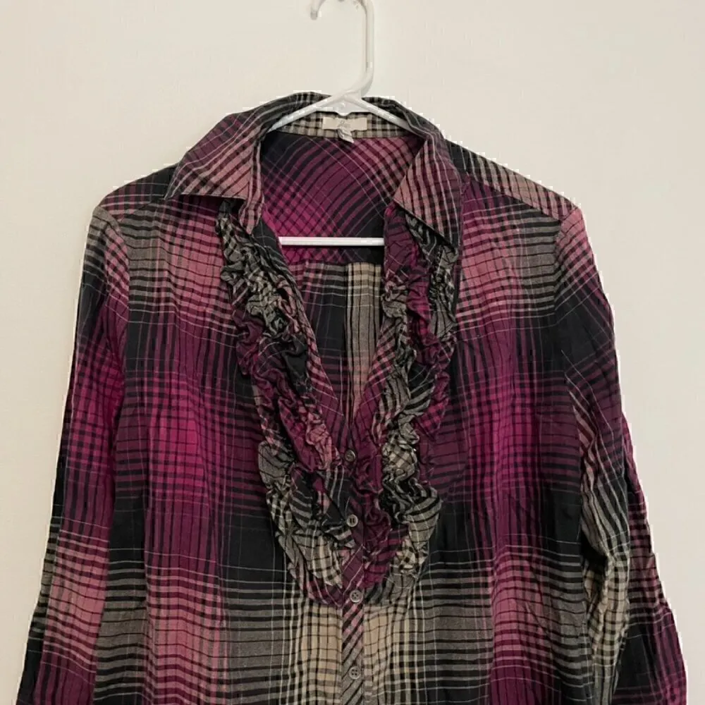 JOIE Fara Plaid Tuxedo Shirt Pink Black Taupe 3/4 Sleeve ish Flannel Button Down - Image 4