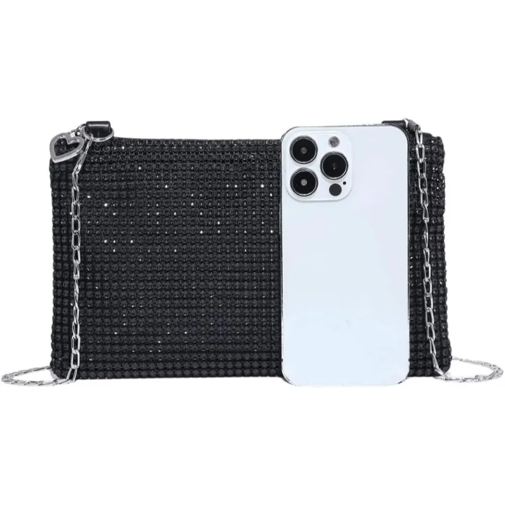 ⚡ Women's Mini Black Shiny Glitter Rhinestone Square Sparkle Evening Clutch Bag - Image 4