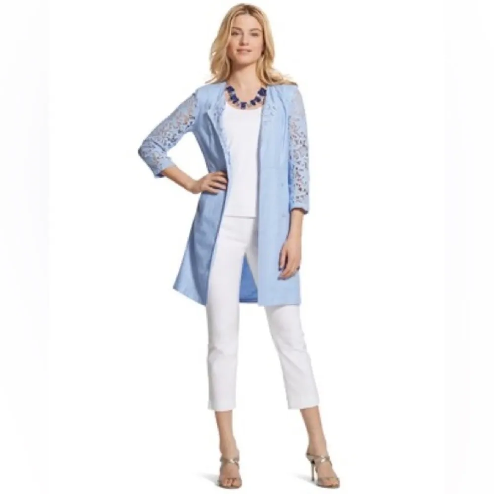 Chicos Baby Blue Lovely Lace Crochet Mix Duster Linen Jacket Size 1 Medium M - Image 7