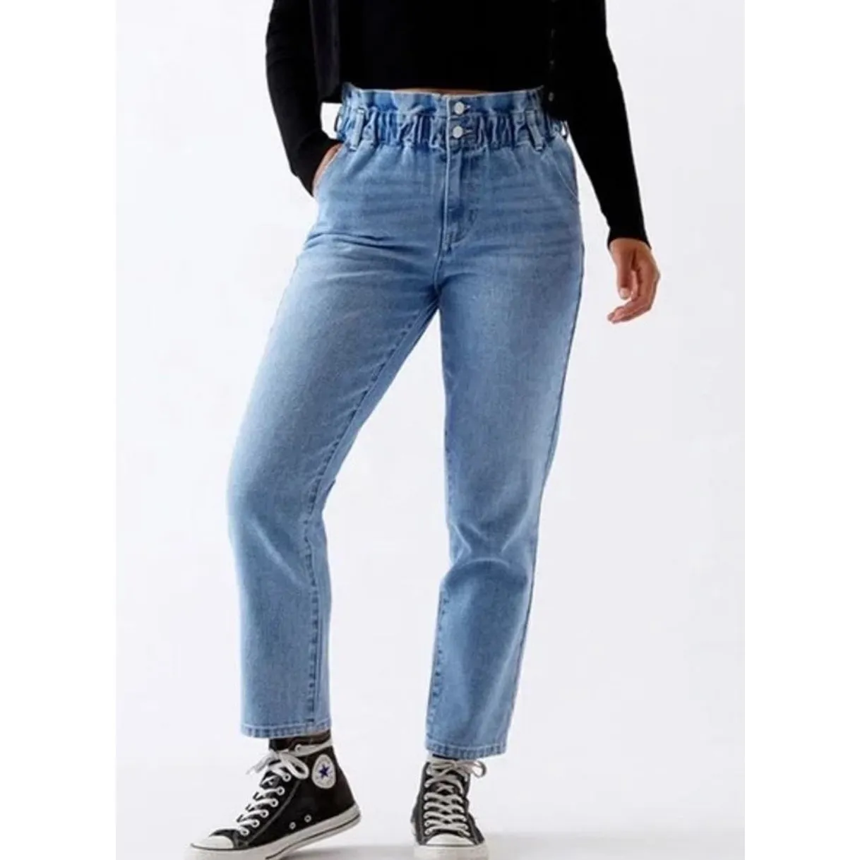 PacSun Mom Jean in Medium Blue Denim Wash. Size M. Paperbag Waist - Image 7