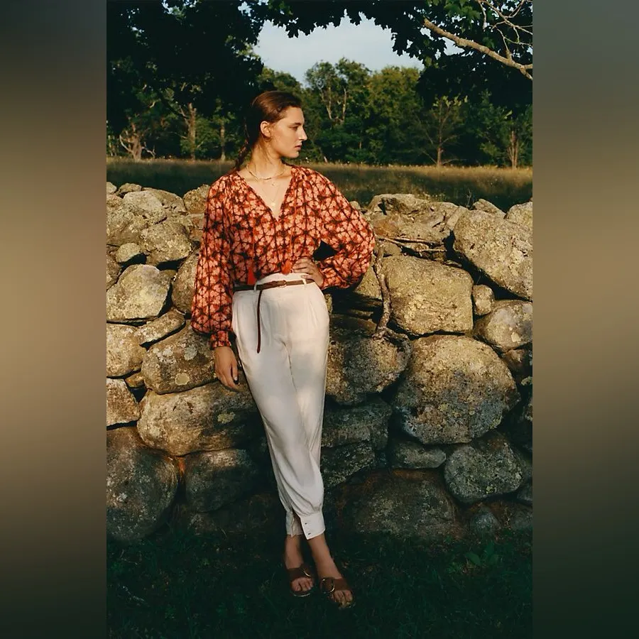 ANTHROPOLOGIE Porridge Elisabeth Peasant Blouse Tassel Boho Abstract Size M - Image 4