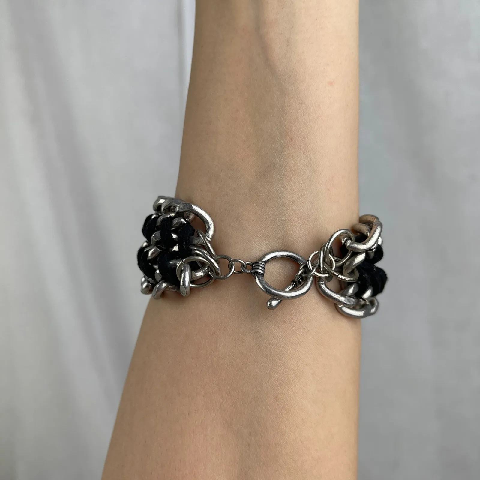 Silver Tone Chain Link Bracelet Black Braided Faux Leather Toggle Clasp NWOT - Image 14