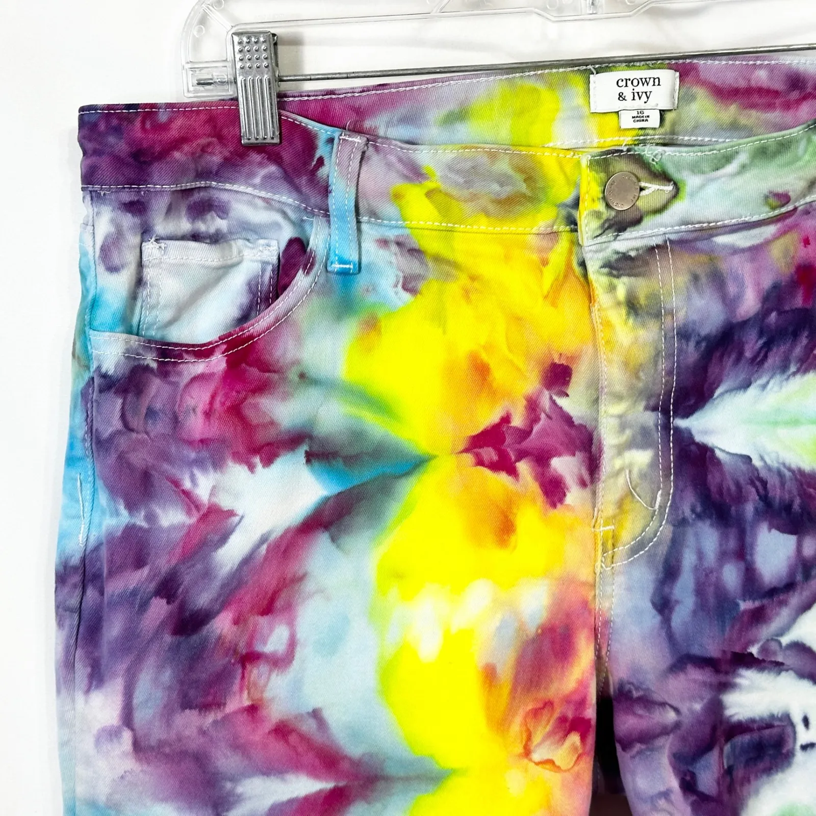 Crown & Ivy Sz 16‎ Capri Jeans Handmade Tie Dye Denim Yellow Purple Raw Hem 1478 - Image 6