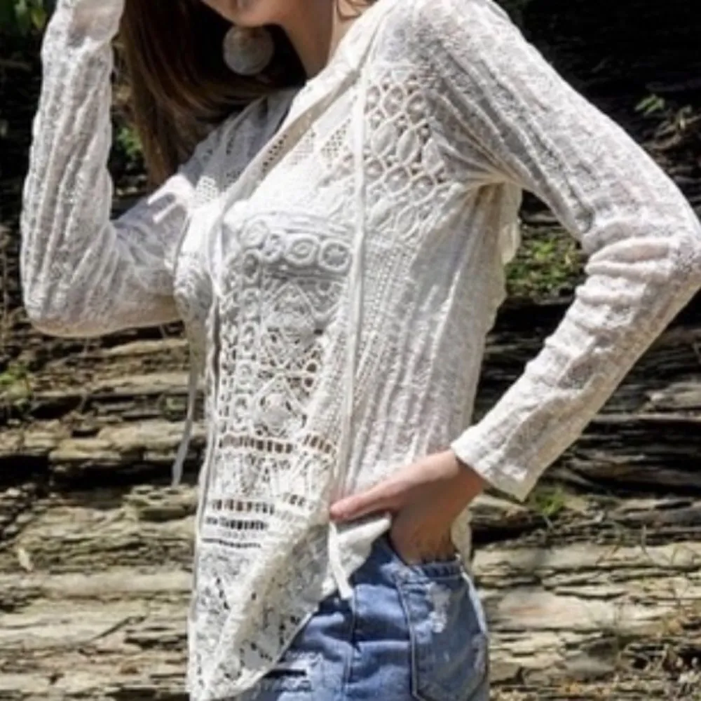 ‎Hooded Crochet Knit Top White - Image 8