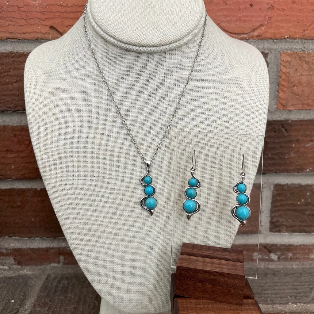 Stacked Turquoise Circle Necklace and Earring Set Silver - Image 2